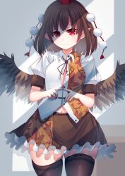 Rule 34 | 1girl, absurdres, bird wings, black ribbon, black skirt, black thighhighs, black wings, brown hair, hat, highres, index fingers together, indoors, leaf print, looking at viewer, maple leaf print, penglai tea, pointy ears, pom pom (clothes), puffy short sleeves, puffy sleeves, red eyes, red hat, ribbon, shade, shameimaru aya, shirt, short hair, short sleeves, skirt, solo, sunlight, thigh gap, thighhighs, tokin hat, touhou, white shirt, window shadow, wings