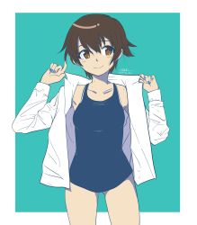 Rule 34 | 1girl, artist name, blue nails, blue one-piece swimsuit, brown eyes, brown hair, closed mouth, cowboy shot, dated, dress shirt, girls und panzer, green background, highres, looking at viewer, nail polish, nakajima (girls und panzer), no pants, one-piece swimsuit, open clothes, open shirt, outside border, school swimsuit, shirt, short hair, signature, simple background, smile, solo, standing, swimsuit, w arms, wet, white shirt, zono (inokura syuzo029)