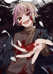 Rule 34 | 1boy, atou haruki, black jacket, blonde hair, blood, blood on clothes, blood on face, blood on hands, bright pupils, brown sweater, commentary request, eyes visible through hair, highres, jacket, lu yi (rokuichi61), male focus, multicolored hair, open clothes, open jacket, open mouth, pink hair, red eyes, ribbed sweater, saibou shinkyoku, slit pupils, smile, solo, spoilers, sweater, turtleneck, turtleneck sweater, upper body, white pupils