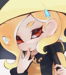 Rule 34 | 1girl, :o, bad id, bad twitter id, blonde hair, fang, hand to own mouth, hand up, holding, holding umbrella, jtveemo, long hair, nintendo, octoling, octoling girl, octoling player character, open mouth, orange eyes, over shoulder, simple background, solo, splat brella (splatoon), splatoon (series), splatoon 2, suction cups, tentacle hair, umbrella, upper body, white background