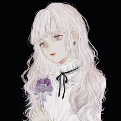 Rule 34 | 1girl, bad source, black background, black ribbon, dress, earrings, expressionless, flower, highres, holding, holding flower, indie utaite, jewelry, long hair, looking to the side, neck ribbon, original, purple eyes, ribbon, shirone (coxo ii), simple background, solo, upper body, usako (utaite), white dress, white hair