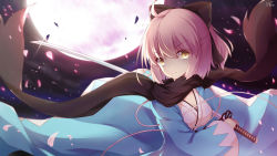 Rule 34 | 1girl, ahoge, black bow, black scarf, blonde hair, bow, breasts, cherry blossoms, cleavage, fate/grand order, fate (series), hair between eyes, hair bow, haori, highres, holding, holding sword, holding weapon, japanese clothes, katana, kimono, looking at viewer, medium breasts, moon, okita souji (fate), okita souji (koha-ace), poinia, ponytail, scarf, short hair, solo, sword, upper body, weapon, white kimono, yellow eyes