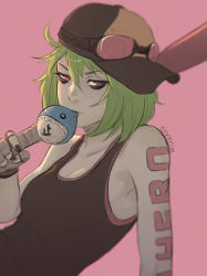 Rule 34 | 1girl, arm support, arm tattoo, artist name, bare arms, bare shoulders, baseball bat, baseball cap, black nails, blowing bubbles, blurry, blush, breasts, brown hat, chewing gum, cleavage, collarbone, depth of field, goggles, goggles on headwear, green hair, gumi, hat, holding, koyorin, leaning back, looking at viewer, makeup, mascara, nail polish, panda hero (vocaloid), pink background, red eyes, short hair, sideways hat, simple background, small breasts, solo, sweatband, tattoo, upper body, vocaloid