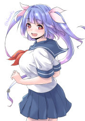 Rule 34 | 1girl, :d, alternate costume, blue hair, blue sailor collar, blue skirt, blush, breasts, cowboy shot, highres, i-19 (kancolle), kantai collection, large breasts, long hair, neckerchief, one-hour drawing challenge, open mouth, pleated skirt, red eyes, red neckerchief, sailor collar, school uniform, serafuku, short sleeves, simple background, skirt, smile, solo, star-shaped pupils, star (symbol), symbol-shaped pupils, takomeshi, tri tails, twitter username, white background