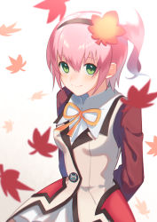 Rule 34 | 1girl, breasts, closed mouth, dress, footwear ribbon, green eyes, hair ornament, highres, kanonno grassvalley, leaf, leaf hair ornament, long hair, looking at viewer, maple leaf, pink hair, shirukokko, side ponytail, smile, solo, tales of (series), tales of the world radiant mythology 3