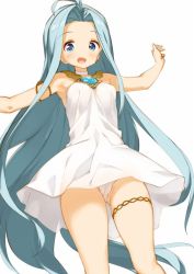 Rule 34 | 10s, 1girl, :o, ahoge, arm strap, armpits, bare shoulders, barefoot, blue eyes, blue hair, blush, choker, dress, gem, granblue fantasy, kaisen chuui, long hair, looking at viewer, lyria (granblue fantasy), matching hair/eyes, outstretched arms, panties, simple background, sleeveless, smile, solo, spread arms, thigh strap, thighs, underwear, very long hair, white background, white dress, white panties