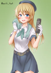 Rule 34 | 1girl, alternate costume, anti (untea9), belt, beret, blonde hair, blue eyes, blue hat, blush, bokukawauso, bottle, breast pocket, breasts, gloves, gradient background, green background, hair between eyes, hat, highres, holding, jervis (kancolle), kantai collection, long hair, looking at viewer, pocket, shirt, short sleeves, small breasts, solo, sweat, thermos, twitter username, water bottle, white gloves, white shirt
