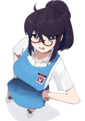 Rule 34 | 1girl, absurdres, ahoge, alternate costume, blue eyes, blue hair, collarbone, collared shirt, company logo, dress, feeq, glasses, highres, kson, long hair, looking at viewer, malaysian secondary school uniform, mole, mole under eye, multicolored hair, name tag, open mouth, pinafore dress, ponytail, purple hair, school emblem, school uniform, shirt, short sleeves, sleeveless, sleeveless dress, solo, streaked hair, virtual youtuber, vshojo, white footwear, white shirt