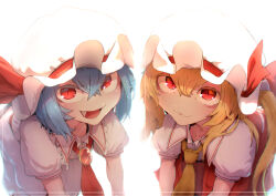 Rule 34 | 2girls, absurdres, ascot, blonde hair, blue hair, brooch, closed mouth, collared shirt, commentary, cowboy shot, fang, flandre scarlet, frilled shirt collar, frills, hair between eyes, hat, hat ribbon, highres, jewelry, leaning forward, long bangs, long hair, looking at viewer, mob cap, multiple girls, one side up, open mouth, puffy short sleeves, puffy sleeves, red ascot, red eyes, red ribbon, red skirt, remilia scarlet, ribbon, shirt, short hair, short sleeves, siblings, simple background, sisters, skirt, slit pupils, smile, sotatsudraw, touhou, white background, white headwear, white shirt, yellow ascot