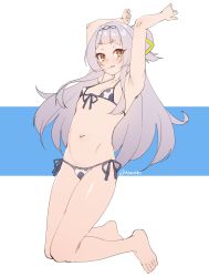Rule 34 | 1girl, :q, animal print, armpit crease, armpits, arms up, artist name, bare legs, barefoot, bikini, breasts, commentary, cow print, english commentary, front-tie bikini top, front-tie top, full body, grey hair, highres, hololive, long hair, looking at viewer, micro bikini, murasaki shion, navel, orange eyes, print bikini, short ponytail, side-tie bikini bottom, simple background, small breasts, solo, stomach, string bikini, swimsuit, tilt-shift (azalanz), tongue, tongue out, twitter username, very long hair, virtual youtuber
