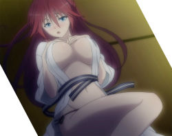 Rule 34 | 10s, 1girl, asami lilith, blue eyes, breasts, large breasts, long hair, lying, on back, open clothes, red hair, solo, tagme, trinity seven