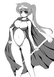 Rule 34 | 1girl, blush, breasts, cape, chunsoft, cleavage, cosplay, dragon quest, dragon quest iii, elbow gloves, enix, frapowa, gloves, greyscale, hand on own hip, hip focus, large breasts, long hair, lyrical nanoha, mahou shoujo lyrical nanoha, mahou shoujo lyrical nanoha strikers, monochrome, sage (dq3), sage (dq3) (cosplay), solo, staff, takamachi nanoha