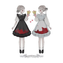 Rule 34 | 2girls, apron, banner, black bow, black dress, black footwear, blonde hair, blood, blood on clothes, blue dress, blunt bangs, bow, buttons, closed mouth, coat, collar, collared dress, double bun, dress, expressionless, eyelashes, food, food request, frilled dress, frills, full body, grey collar, hair bow, hair bun, heart, holding, holding food, knees, light blush, long hair, long sleeves, looking at viewer, medium dress, multiple girls, nail polish, nekosuke (oxo), original, pale skin, pointy ears, puffy long sleeves, puffy sleeves, red eyes, red nails, shoes, short sleeves, simple background, single hair bun, single side bun, sleeveless, sleeveless dress, socks, twitter username, waist apron, white apron, white background, white coat, white sleeves, white socks