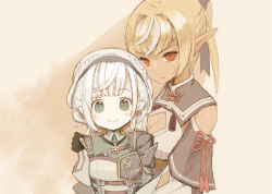 Rule 34 | 2girls, age difference, age regression, aged down, armor, armored dress, bad id, bad pixiv id, blonde hair, braid, child, collared dress, dark-skinned female, dark elf, dark skin, detached sleeves, dress, elf, french braid, green eyes, grey hair, hair ribbon, hairband, high ponytail, hololive, hololive fantasy, kannougame, long hair, multicolored hair, multiple girls, pleated dress, pointy ears, puffy sleeves, ribbon, shiranui flare, shiranui flare (old design), shirogane noel, shirogane noel (1st costume), short dress, short hair, smile, streaked hair, time paradox, virtual youtuber, wavy hair