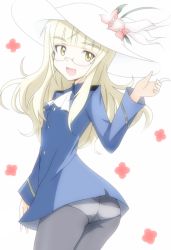 Rule 34 | 1girl, ass, blonde hair, flower, glasses, hat, long hair, looking at viewer, looking back, military, military uniform, panties, panties under pantyhose, pantyhose, perrine h. clostermann, smile, solo, strike witches, underwear, uniform, world witches series, yellow eyes, yumekaranigeruna