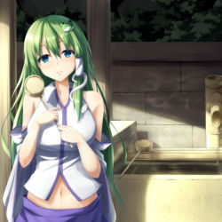 Rule 34 | 1girl, bare shoulders, blue eyes, blue skirt, blush, clothing cutout, detached sleeves, frog hair ornament, green hair, hair ornament, hair tubes, japanese clothes, kochiya sanae, light smile, long hair, looking at viewer, miko, navel, navel cutout, nicoby, nontraditional miko, outdoors, skirt, skirt set, snake hair ornament, solo, stomach, touhou, wide sleeves, wooden spoon