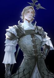 Rule 34 | 1boy, armor, blonde hair, blue background, chainmail, closed mouth, cowboy shot, dion lesage, final fantasy, final fantasy xvi, frilled sleeves, frills, hand on own hip, highres, holding, holding polearm, holding weapon, long sleeves, looking at viewer, male focus, medium hair, olfos, polearm, puffy long sleeves, puffy sleeves, shirt, shoulder armor, solo, standing, swept bangs, weapon, white shirt, yellow eyes