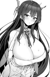 Rule 34 | 1girl, absurdres, azur lane, blush, breasts, covered erect nipples, cowboy shot, dress, elbow gloves, gloves, greyscale, highres, hotate-chan, huge breasts, indomitable (azur lane), long hair, looking at viewer, monochrome, no bra, parted lips, sidelocks, simple background, skindentation, solo, sweat, very long hair