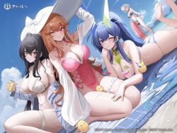 Rule 34 | 4girls, ahoge, ass, azur lane, backless swimsuit, bare shoulders, barefoot, beach, between thighs, bikini, bird, black bikini, black hair, blue bikini, blue eyes, blue hair, blue sky, blush, breasts, can, chick, cloud, collarbone, copyright name, cross-laced clothes, cross-laced one-piece swimsuit, crossed bangs, day, drink can, green nails, hair between eyes, hat, high ponytail, highleg, highleg swimsuit, holding, holding can, holding swim ring, huge breasts, innertube, jeze, large breasts, long hair, long sleeves, looking at viewer, lying, manchester (a moment in the shade) (azur lane), manchester (azur lane), manjuu (azur lane), mountainous horizon, multiple girls, nail polish, new jersey (azur lane), new jersey (midsummer leisure) (azur lane), ocean, official alternate costume, official art, on stomach, one-piece swimsuit, one eye closed, one side up, open clothes, open shirt, outdoors, pink one-piece swimsuit, ponytail, red eyes, richelieu (azur lane), richelieu (fleuron of the waves) (azur lane), side-tie swimsuit, sideboob, sitting, skindentation, sky, soda can, soles, standing, string bikini, sun hat, swim ring, swimsuit, taihou (azur lane), taihou (seaside daydreams) (azur lane), thigh strap, thighs, very long hair, water, wet, white hair, white headwear, wide sleeves, wrist cuffs