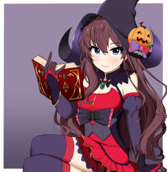 Rule 34 | 1girl, bare shoulders, black bow, blue eyes, blush, book, border, bow, breasts, brooch, brown hair, cleavage, closed mouth, crossed legs, dress, elbow gloves, eyelashes, gloves, hair between eyes, halloween costume, hat, highres, ichinose shiki, idolmaster, idolmaster cinderella girls, jack-o&#039;-lantern ornament, jewelry, long hair, looking at viewer, medium breasts, nichijo, open book, purple background, purple gloves, purple thighhighs, red dress, simple background, sitting, smile, solo, thighhighs, thighs, underbust, wavy hair, white border, witch hat