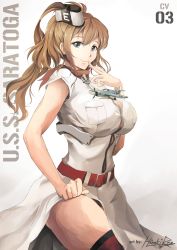 Rule 34 | 10s, 1girl, absurdres, anchor, artist name, belt, blouse, blue eyes, breasts, brown hair, bursting breasts, character name, dress, english text, eyebrows, f4f wildcat, finger to mouth, highres, hiroki ree, impossible clothes, kantai collection, large breasts, long hair, looking at viewer, neckerchief, ponytail, saratoga (kancolle), shirt, signature, simple background, smile, solo, tawawa challenge, thighhighs, thighs, uniform, white background, white dress