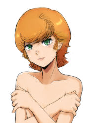Rule 34 | 1girl, bare shoulders, blush, brown hair, collarbone, covering privates, covering breasts, crossed arms, gacha-m, green eyes, gundam, gundam unicorn, hair between eyes, mineva lao zabi, nude, parted lips, short hair, simple background, smile, solo, upper body, white background