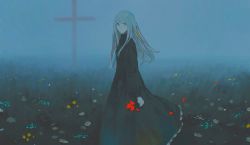 Rule 34 | 1girl, absurdres, black dress, blue eyes, blue hair, closed mouth, cross, daisy, dress, expressionless, flower, fog, from side, grass, highres, latin cross, long hair, long sleeves, looking at viewer, meadow, original, siro mono, solo, tulip, white flower, yellow flower