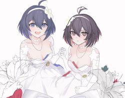 Rule 34 | 2girls, :d, arin (1010 ssu), bare shoulders, blue eyes, blue hair, bob cut, breasts, cleavage, closed mouth, dress, dual persona, elbow gloves, gloves, holding hands, honkai (series), honkai impact 3rd, looking at viewer, medium breasts, medium hair, multiple girls, open mouth, red eyes, red hair, seele (alter ego), seele vollerei, simple background, sketch, smile, strapless, strapless dress, unfinished, wedding dress, white background, white dress, white gloves