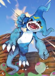 Rule 34 | arm up, blue skin, blue sky, claws, clenched hand, colored skin, digimon, digimon (creature), full body, highres, incoming attack, incoming punch, looking at viewer, no humans, numemon, open mouth, outdoors, oyomotin, punching, red eyes, sharp teeth, sky, solo, tail, teeth, v-mon, white skin