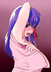 Rule 34 | 1girl, andou hyuugo, arm up, armpits, breasts, covered erect nipples, fate/stay night, fate (series), female focus, highres, huge breasts, long hair, matou sakura, open mouth, profile, purple eyes, purple hair, saliva, simple background, solo, standing, tongue, upper body
