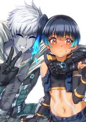 Rule 34 | 1boy, 1girl, absurdres, black bodysuit, blue eyes, bodysuit, breast tattoo, breasts, chest jewel, fiery hair, gloves, glowing lines, head wings, high tops, highres, hug, jacket, lanz (xenoblade), long hair, looking at viewer, multicolored hair, navel, ponytail, sena (xenoblade), shoes, shorts, shoulder strap, side ponytail, siebolds demon, simple background, smile, sneakers, sports bra, tattoo, white hair, wings, xenoblade chronicles (series), xenoblade chronicles 3