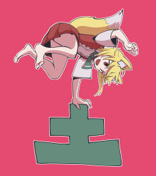 Rule 34 | 1girl, :d, absurdres, ahoge, animal ear fluff, animal ears, asymmetrical hair, balancing, barefoot, blonde hair, breasts, brown eyes, brown skirt, brown vest, collared shirt, commentary, cookie (touhou), fang, fox ears, fox girl, fox tail, full body, green necktie, highres, medium hair, miramikaru riran, necktie, open mouth, pink background, shirt, short sleeves, sidelocks, simple background, skirt, small breasts, smile, solo, tail, vest, white shirt, yan pai