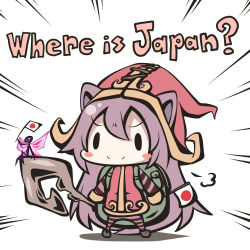 Rule 34 | &gt;:), 1girl, aoblue, blush stickers, chibi, commentary request, english text, fairy, hat, japanese flag, league of legends, long hair, lulu (league of legends), pix (league of legends), purple hair, smile, staff, v-shaped eyebrows