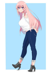 1girl arms_behind_back breasts denim from_side hair_between_eyes high_heels highres ichinose_honami_(youjitsu) jeans large_breasts long_hair looking_at_viewer pants pink_hair purple_eyes shirt shoes simple_background smile user_huth5745 youkoso_jitsuryoku_shijou_shugi_no_kyoushitsu_e