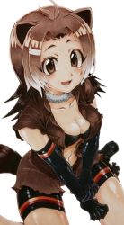 Rule 34 | 10s, 1girl, ahoge, american beaver (kemono friends), animal ears, antenna hair, bad id, bad pixiv id, beaver ears, boots, breasts, brown eyes, brown hair, choker, cleavage, collarbone, elbow gloves, fur collar, gloves, hair ornament, hairclip, jacket, kemono friends, looking at viewer, multicolored hair, navel, o no(005), open clothes, open jacket, open mouth, short hair, shorts, simple background, sitting, sleeveless, smile, solo, tail, traditional media, wariza, white background