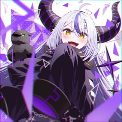 Rule 34 | 1girl, 4b-enpitsu, ahoge, blush, braid, chain, chromatic aberration, commentary, crow (la+ darknesss), fangs, film grain, french braid, grey hair, hair between eyes, highres, hololive, horns, la+ darknesss, la+ darknesss (1st costume), long hair, long sleeves, looking at viewer, multicolored hair, open mouth, pointy ears, purple hair, signature, sleeves past wrists, slit pupils, solo, streaked hair, symbol-only commentary, very long sleeves, virtual youtuber, white background, yellow eyes
