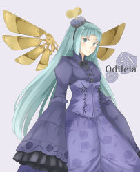 Rule 34 | 1girl, aqua eyes, atelier (series), atelier ayesha, bad id, bad pixiv id, black bow, blush, bow, character name, closed mouth, collared shirt, corset, floral print, frilled sleeves, frills, head tilt, long hair, machikado, mechanical wings, odelia (atelier), purple shirt, purple skirt, rose print, shirt, skirt, sleeves past wrists, solo, very long hair, winding key, wings