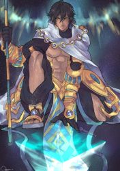 Rule 34 | 1boy, abs, ahoge, artist name, bare pectorals, black gloves, brown hair, cape, dark skin, dark-skinned male, egyptian, egyptian clothes, fate/grand order, fate/prototype, fate/prototype: fragments of blue and silver, fate (series), full body, gauntlets, gloves, hair between eyes, holding, holding staff, jewelry, looking at viewer, male focus, muscular, necklace, orenjimaru, ozymandias (fate), pectorals, topless male, shrug (clothing), signature, sitting, solo, staff, twitter username, white cape, yellow eyes