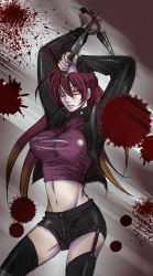 Rule 34 | 1girl, alternate hair color, blood, boots, breasts, crop top, cropped jacket, dual wielding, garter straps, holding, knife, large breasts, midriff, navel, red eyes, red hair, reverse grip, shiina akino, shirt, short shorts, shorts, solo, taut clothes, taut shirt, thigh boots, thighhighs, yurikawa saki, zombie, zombie-ya reiko