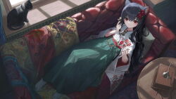 1girl animal_ears antique_phone black_cat black_hair cat cat_ears cat_girl commentary_request couch ebiri_fy fingernails floral_print green_hakama hair_ornament hakama hakama_skirt hands_up highres holding holding_phone indoors japanese_clothes kimono long_hair looking_at_viewer lying on_back on_couch original phone red_eyes skirt smile socks solo sunlight tabi table white_kimono white_socks wide_sleeves window