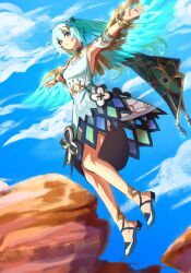 Rule 34 | 1girl, absurdres, aqua hair, armpit cutout, armpits, bare legs, blue sky, bracelet, breasts, clothing cutout, cloud, day, dress, fake wings, faruzan (genshin impact), genshin impact, hair ornament, highres, jewelry, long hair, looking at viewer, sandals, short sleeves, sky, small breasts, solo, tractorbelarus228, white dress, wings, x hair ornament