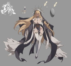 Rule 34 | 1girl, azur lane, bare shoulders, black gloves, blonde hair, breasts, cleavage, commentary request, f.k (hs225kr), fake horns, full body, gloves, grey background, habit, highres, horns, implacable (azur lane), korean commentary, large breasts, long bangs, long hair, long sleeves, looking at viewer, nun, orange eyes, pelvic curtain, revealing clothes, simple background, smile, solo, thighhighs, veil, very long hair, white thighhighs, wide sleeves