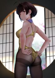 Rule 34 | 1girl, adjusting clothes, adjusting swimsuit, ahoge, ass, black pantyhose, brown eyes, brown hair, competition swimsuit, cowboy shot, from behind, gold one-piece swimsuit, highres, koutetsujou no kabaneri, looking at viewer, looking back, mumei (kabaneri), one-piece swimsuit, pantyhose, pantyhose under swimsuit, short hair, solo, standing, swimsuit, thighband pantyhose, wa (genryusui), window