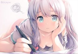 Rule 34 | 10s, 1girl, adrenaline!!!, barefoot, blue eyes, bow, breasts, head rest, chiyingzai, cleavage, closed mouth, collarbone, commentary request, downblouse, eromanga sensei, foreshortening, hair bow, hand on own cheek, hand on own face, holding, izumi sagiri, long hair, looking at viewer, lying, naked shirt, off shoulder, on stomach, shirt, short sleeves, sidelocks, silver hair, small breasts, solo, squiggle, stylus, tareme, twitter username