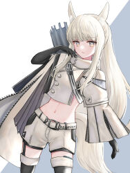 Rule 34 | 1girl, absurdres, animal ear fluff, animal ears, arknights, black footwear, black gloves, blonde hair, boots, bright pupils, brown eyes, closed mouth, cowboy shot, elbow gloves, garter straps, gloves, grey background, highres, horse ears, horse girl, horse tail, long hair, long sleeves, looking at viewer, navel, owanwan 1205, platinum (arknights), quiver, revealing clothes, sidelocks, single garter strap, solo, tail, thigh boots, two-tone background, very long hair, white background, wide sleeves