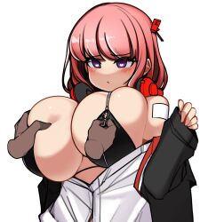 Rule 34 | 1boy, 1girl, bandaid, bandaid on shoulder, black jacket, blue archive, blush, grabbing another&#039;s breast, breasts, disembodied hand, eimi (blue archive), grabbing, hair ribbon, headphones, headphones around neck, heart, heart-shaped pupils, hetero, highres, huge breasts, igonik, jacket, long hair, off shoulder, open clothes, open jacket, pink hair, purple eyes, red ribbon, ribbon, symbol-shaped pupils, unbuttoned, unbuttoned shirt, unzipping, zipper bikini
