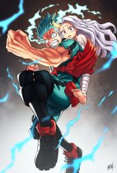 Rule 34 | 1boy, 1girl, angry, bandages, boku no hero academia, cape, carrying, clenched hand, clenched hands, clenched teeth, curly hair, dullpen, eri (boku no hero academia), eyelashes, fighting, freckles, glowing, glowing eyes, green eyes, green hair, green jumpsuit, hand on another&#039;s shoulder, highres, horn, jumpsuit, long hair, midoriya izuku, muscular, piggyback, red cape, red eyes, scared, short hair, shueisha, spoilers, teeth, torn clothes, watermark, white hair