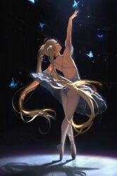 Rule 34 | 1girl, absurdres, ahoge, arm up, armband, ballerina, ballet, ballet slippers, bangsom, bare shoulders, blonde hair, bug, butterfly, dancing, dress, en pointe, frilled armband, frills, from behind, full body, glowing butterfly, grey armband, grey dress, grey ribbon, hair ribbon, highres, insect, legs, long hair, looking up, original, outstretched arms, pantyhose, ribbon, shadow, solo, spotlight, stage lights, sweat, tiptoes, tutu, twintails, upskirt, very long hair, white pantyhose