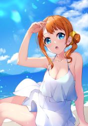 Rule 34 | 1girl, :o, arm up, bare arms, bare shoulders, beach, blue eyes, blue sky, bon (bonbon315), breasts, cleavage, cloud, collarbone, commentary request, day, dress, feet out of frame, from side, hair ornament, hair scrunchie, halter dress, halterneck, highres, looking at viewer, medium hair, ocean, open mouth, orange hair, orange scrunchie, original, outdoors, scrunchie, shading eyes, side ponytail, sitting, sky, sleeveless, sleeveless dress, solo, sundress, teeth, upper teeth only, wet, white dress
