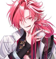 Rule 34 | 1boy, chimachi, copyright request, earrings, fate/grand order, fate (series), hand up, highres, jacket, jewelry, long hair, long sleeves, looking at viewer, lower teeth only, male focus, multicolored hair, open clothes, open jacket, open mouth, pink eyes, pink hair, red eyes, simple background, solo, streaked hair, takasugi shinsaku (fate), teeth, tongue, tongue out, twitter username, upper body, watermark, white background, white hair, white jacket